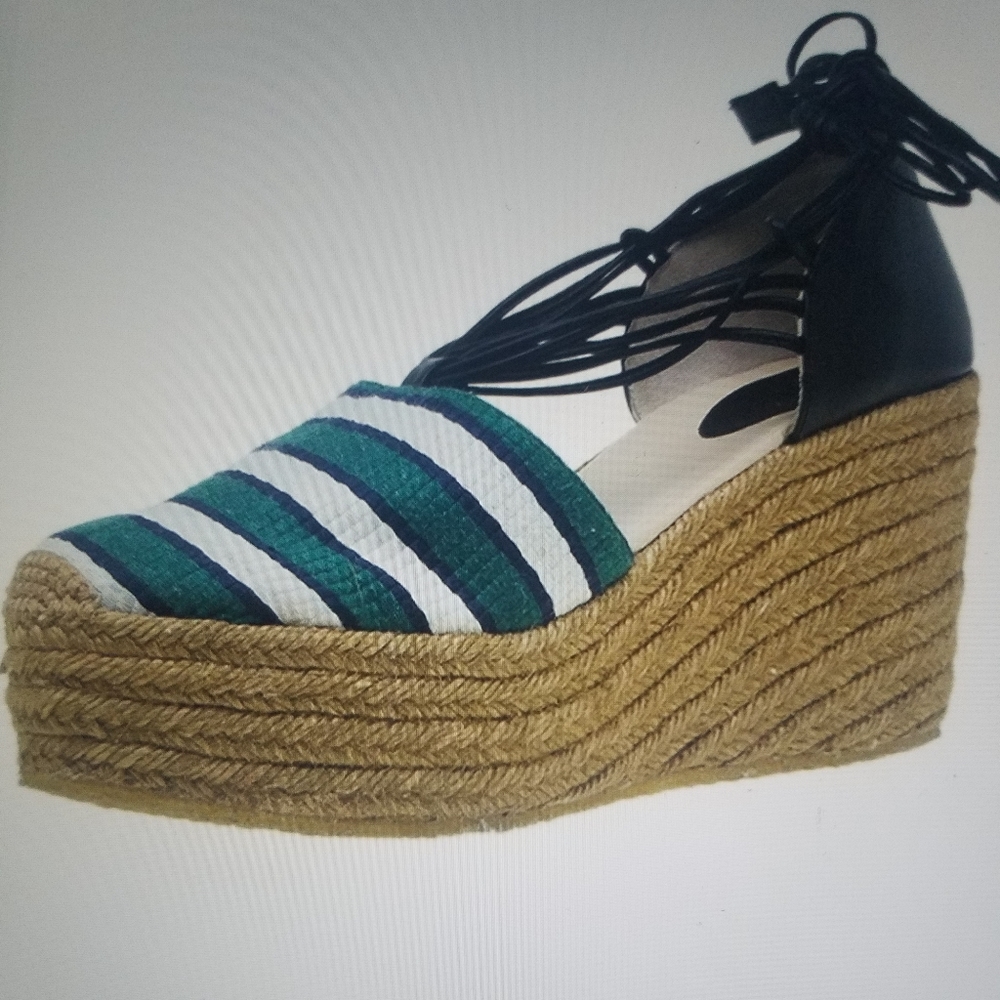 Chloe Green & White Striped Espadrille Wedge 9